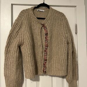 Zara Beige Knit Cardigan with Patterned Trim